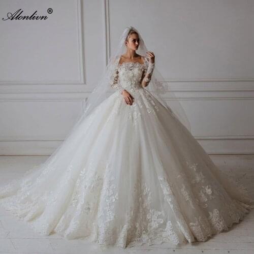 Alonlivn Vestido De Noiva Luxury Beaded Floral Appliques Wedding Dress 2020 Elegant Sheer Long Sleeve Wedding Bridal Gowns