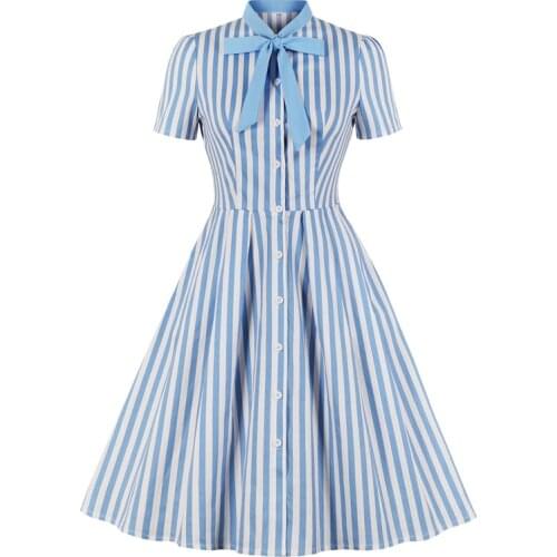 Bow Tie Neck Striped Vintage Clothes 50s Robe Rockabilly Pleated Dress High Waist Women Elegant Single Breasted Midi Dresses