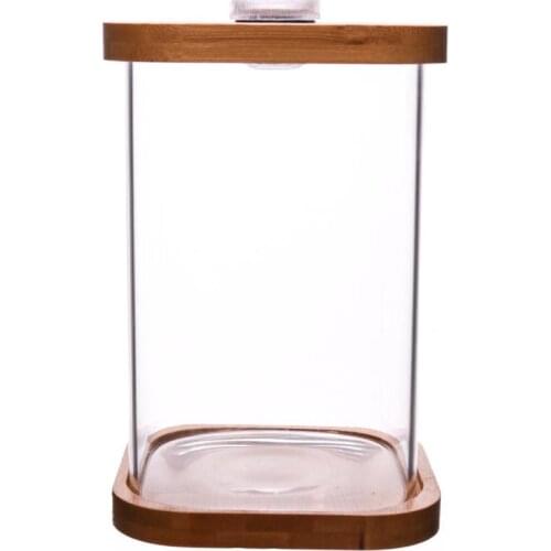 1pc Mini Fish Tank Square Transparent Bamboo Base Mini Fish Tank Small Fish Tank