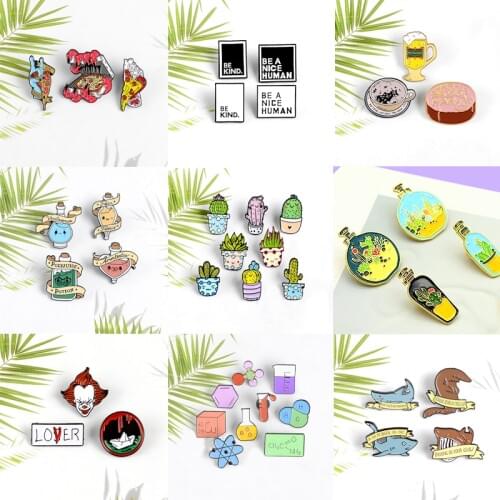 3-8 pieces / set enamel pin devil hand pizza party celebration medicine bottle plant potted lipstick shark clown brooch jewelry
