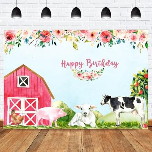 Farm Theme Happy Birthday Backdrops for Photography Photocall Red Warehouse Spring Farm Flower Animals Birthday Party Background