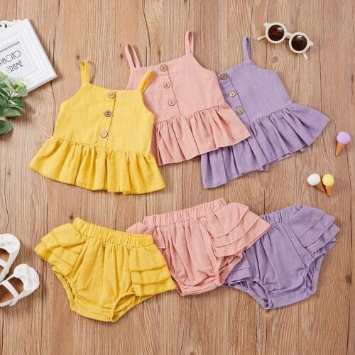 FOCUSNORM 3 Colors Summer Baby Girls Clothes Sets Solid Ruffles Sleeveless Single Breasted Vest Tops Shorts 0-5Y