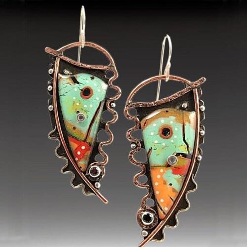 Geometric Quirky Elf Colorful Enamel Dangle Earrings Abstract Gorgeous Spiral Curved Bronze Drop Earrings Vintage Boho Jewelry