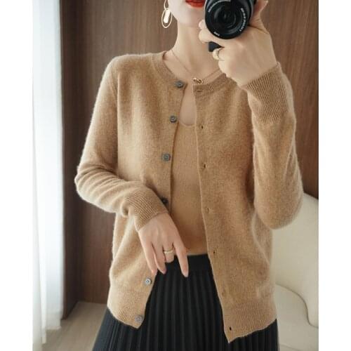 Autumn and Winter New 100% Pure Wool Sweater Woman O-neck Cardigan Fashion Large Size Knitted Cardigan Sweater 14 Colors