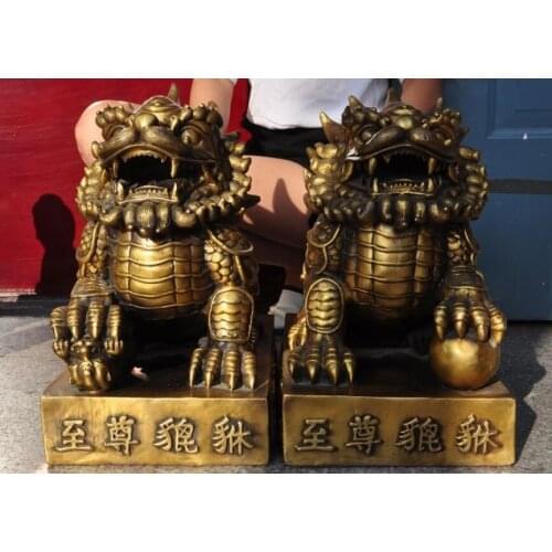 Chinese fengshui brass Evil Unicorn Kylin Chi-lin Shri pixiu beast statue pair