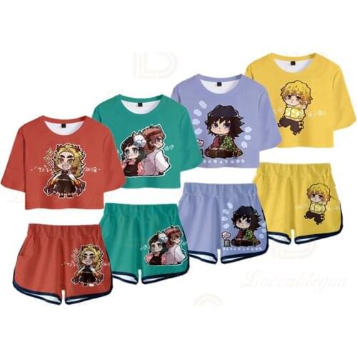 Anime Demon Slayer 3D Digital Color Printing Sexy Short T Shorts Suit Two-piece Set Fashion Female Summer Clothing
