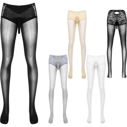 Lace Sexy Men Stockings 5D See Through Convex Pouch Stockings Open Butt Sissy Pantyhose Hosiery Close Sleeve Tight Stockings