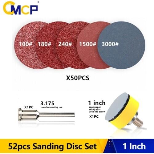 CMCP 50pcs 25mm(1Inch) Flocking Sandpaper with 1pc 1Inch M6 Loop Backer Plate and 1/8" Shank Set For Polishing Tools