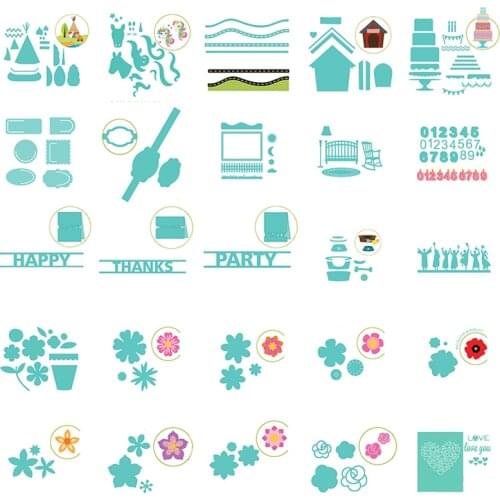 Metal Cutting Dies Birthday Cake Number 0-9 Candle Graduator Happy Party Thanks Words Elegant Flowers Love Heart Background Dies