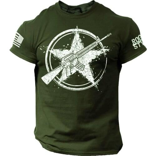 Mens Round Collar Printed Rifle Flag American Soldier Military Style Short Sleeved T-shirt