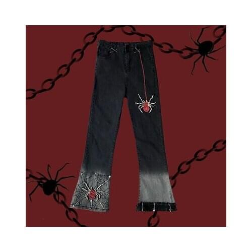 New Spring Autumn Fashion Gothic Rhinestone Spider Splicing Trousers Hot Girl Streetwear Fashion Sexy Punk High Waist Jeans Pant