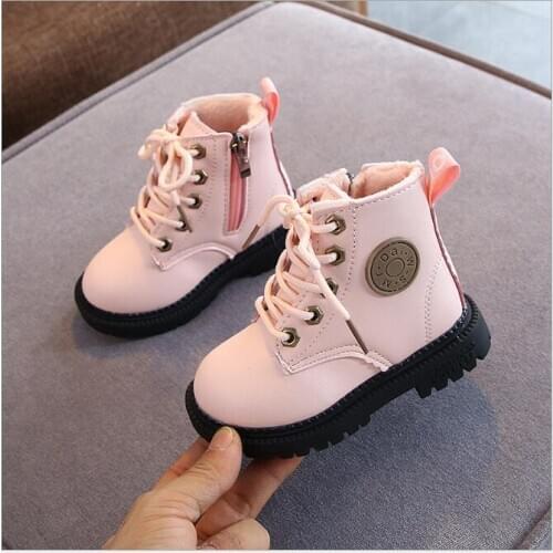 2020 Autumn/Winter Children Boots Boys Girls Leather Martin Boots Plush Fashion Waterproof Non-slip Warm Kids Boots Shoes 21-30