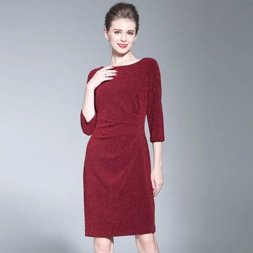 Fall Spring Fashion Womens Pleated 3/4 Sleeve Slim Wine Red Sequins Dress , Office Lady Female 3XL XXL Glitter Pencil Dresses