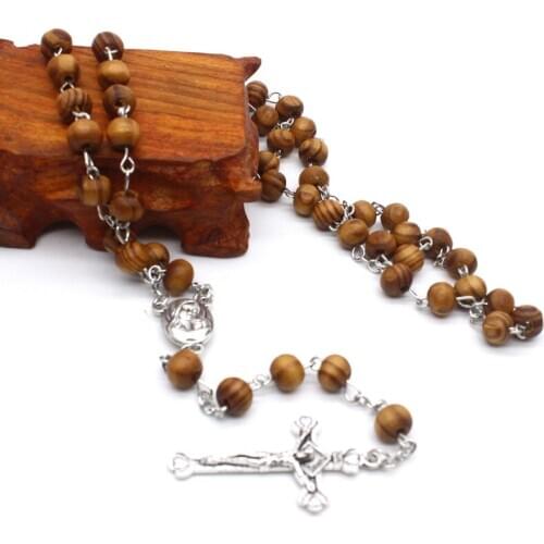 Retro Wooden Rosary Beads Necklace for Women Cross Jesus Pendant Religious Gifts M68E
