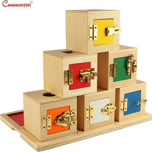 6 Lock Box Exercises Toys Game Home Training Wooden Toys Metal Locks School Montessori Educational Materials
