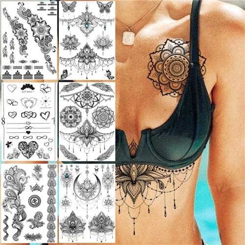Sexy Black Henna Temporary Tattoos For Women Girls Lotus Flower Lace Tattoo Sticker Fake Jewelry Mandala Body Chest Tatoos Paper