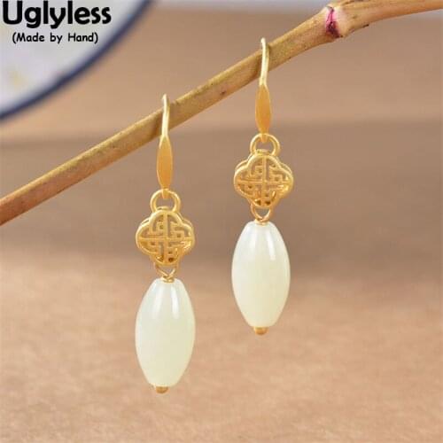 Uglyless Eastern Beauty Jade Olives Earrings for Women Gold 925 Sterling Silver Ethnic Jewelry Natural Gemstones Brincos Bijoux