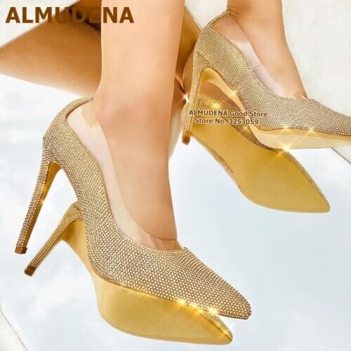 ALMUDENA Gold Blue Bling Bling Crystal Wedding Shoes Thin Heel PVC Patchwork Rhinestone Dress Pumps Pointy Toe Glitter Heels