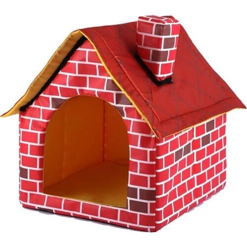 Warm Indoor Soft Dog Kennel with Chimney Pet Large House Simulation Brick Doggy