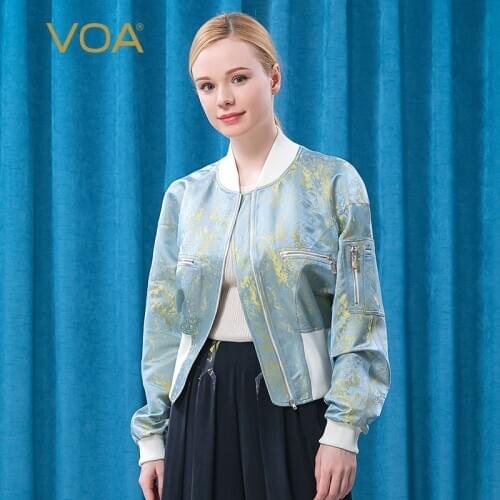 VOA 40m/m Silk Heavy Yarn-dyed Jacquard Stitching Stand Collar Slim Commuter Zipper Decorated Fashion Jacket WT37 Coat Women