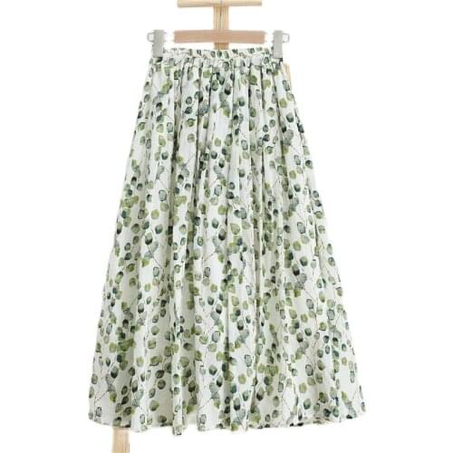 Floral Pleated Ladies Skirt Fashion Summer Skirts Elegant Retro Elastic Waist Cotton Linen Loose Mid-Length A Line Skirt Female