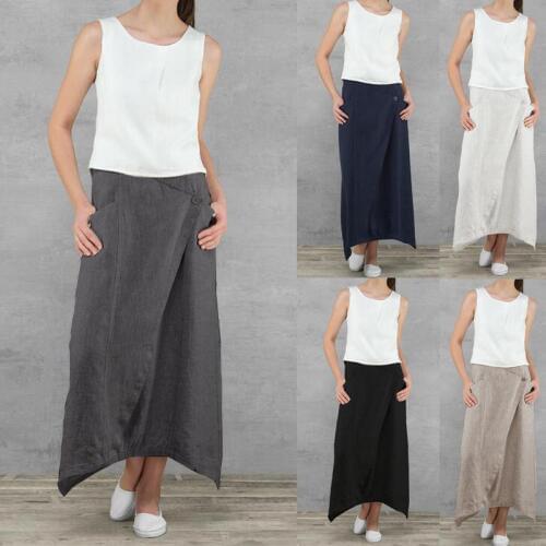 Plus Size Vintage Summer Skirts Women High Waist Solid Cotton Linen Skirt Saia Ladies Beach Maxi Long Skirts Jupe Faldas Femme