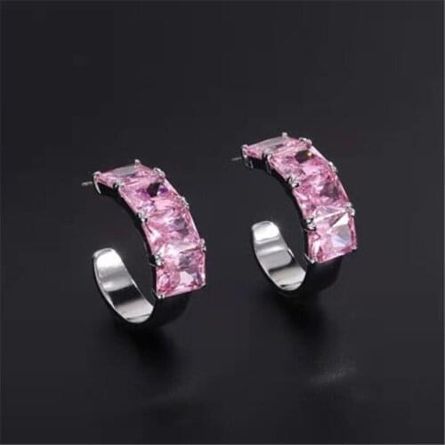 XIALUOKE Simple Geometric C Shape Stud Earrings For Women Delicate Elegant Luxury Pink Crystal Earrings Fashion Party Jewelry