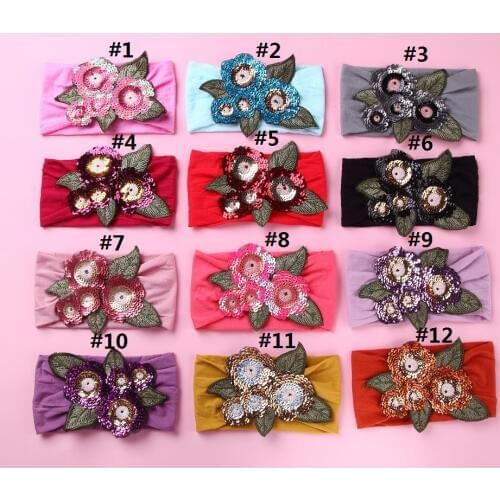 24pc/lot Sequin Embroidery Flowers Nylon Headbands,Girls Wide Nylon Turban Head wraps,Boutique Chidlren Kids Hair Accessories