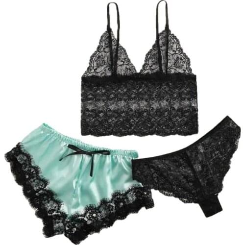 60%HOTWomen Sexy Lace See Through Pajamas Set Spaghetti Straps Camisole Briefs Shorts