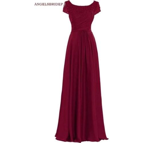 ANGELSBRIDEP Scoops Neck Long Evening Party Dresses Formal Chiffon Beaded Empire Waist Elegant Bridesmaid Dress Prom Gowns Hot