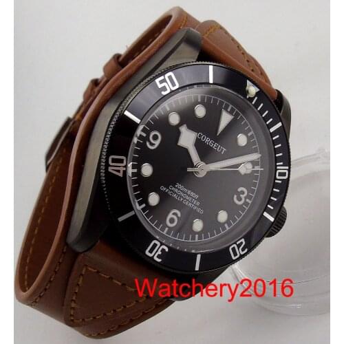 Corgeut 41MM No Logo PVD Black Automatic Men Watch Sea-gull 1612 miyota 8215 Leather Strap Screwdown Crown Sapphire Crystal