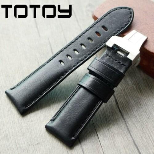 TOTOY Black Vegetable Tanned Leather Watch, 24MM Folding Buckle Engraved Letter Stainless Steel, Handmade For PAM111 Watchbands