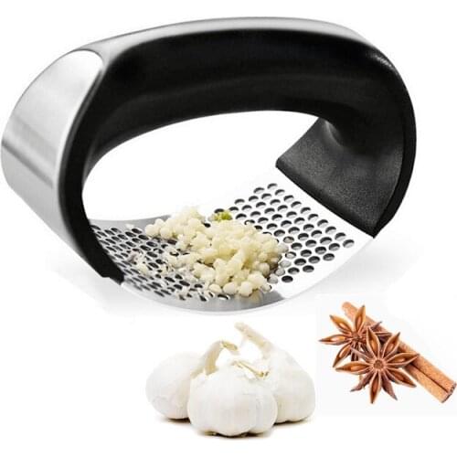 1pc Manual Garlic Presser Kitchen Stainless Steel Curved Garlic Grinding Slicer Chopper Ginger Juice Masher With Brush