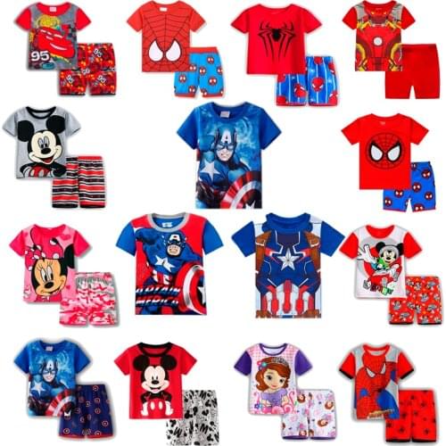 Childrens pajamas suit summer childrens short sleeve pajamas car Mickey America captain boy cartoon pajamas girls pajama suit