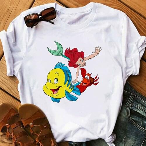Girl T-shirt Cartoon The Little Mermaid Ariel Flounder Sebastian T Shirt Women Summer Casual Harajuku Aesthetic Female Tshirt