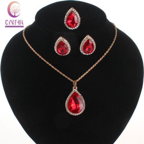 Fashion Gold Color Crystal Gem Jewelry Sets Heart Necklace Earrings Ring Jewellery Set Bridal Wedding Accessories 4 Colors
