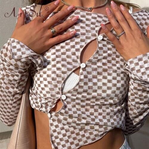 ArtSu Y2K Hollow Out Plaid Print Crop Tops Sexy 90s Streetwear Button Up Long Sleeve Brown T-shirts E-girl Tees Women Autumn Top