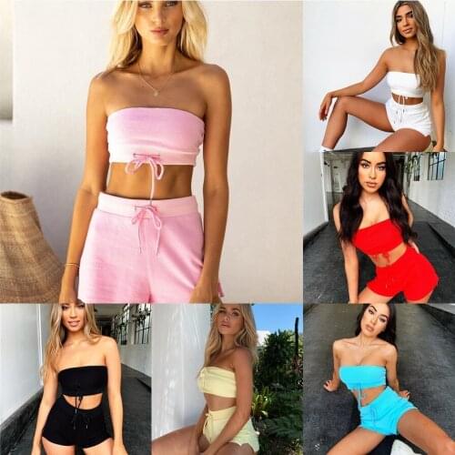 Summer Women Casual Yoga Sets Sexy Strapless Drawstrings Wrapped Chest Short Crop Tops +Shorts Sport Outwear Outfits Beachwear