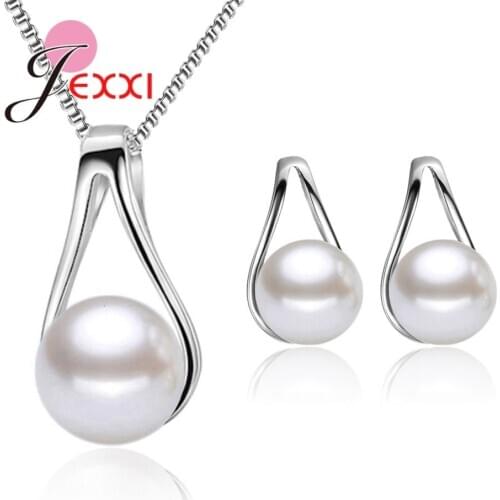 Exquisite 925 Sterling Silver Freshwater Pearl Jewelry Sets for Women Brides Wedding Engagement Costume Necklace Earrings