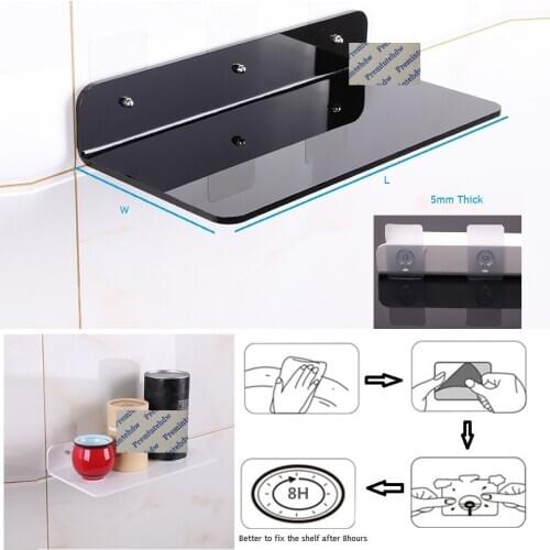 Wall Mount White Black Acrylic Floating Shelf Bath Living Room Kitchen L Shape Displaying Rack Organizer Stick Nail Free