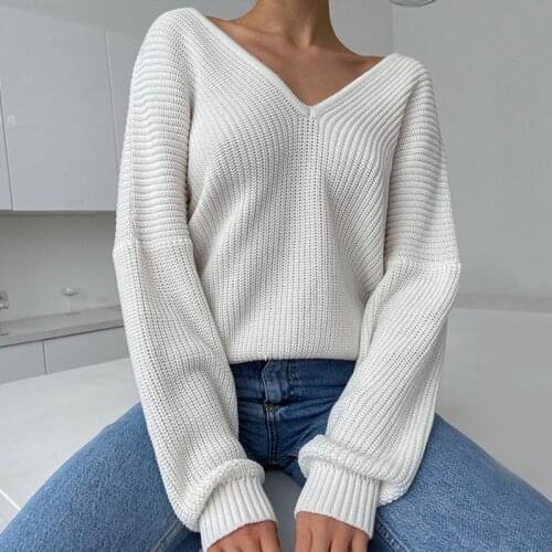 Womens Oversize Pullover Sweater Knitted Thick Ladies Sweaters V Neck Solid Long Sleeve Warm 2021 Autumn Winter Knit Jumper Top