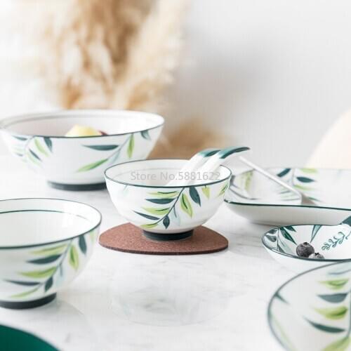 Hand-painted Underglaze Green Shade Ceramic Bowl and Dishware Household Deep Soup Plate Dish Creative Nordic Style Fish Plate