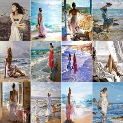 RUOPOTY DIY Acrylic Adult Paint by Numbers Kits for Adults Kids Figure Women Seaside Oil Painting Number Kit Home Wall Art Decor