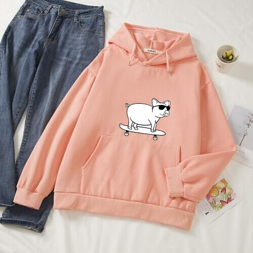 Skateboard Pig Printed Hoodies Women Oversized Sweatshirt Kawaii Long Sleeve Hoodie Womens Pullovers Harajuku Jogging Femme