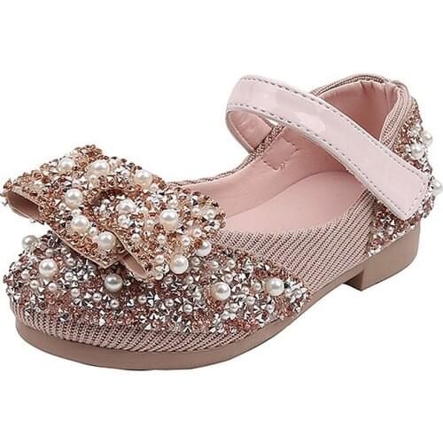 Girls Leather Shoes Casual colored diamond bow Shoes round-Toe Soft-Sole Big girls Low-heeled Princess Crystal Shoes sandals