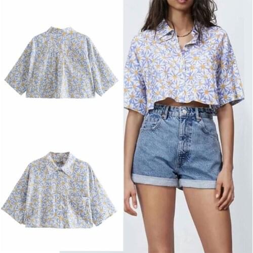 Women Short Sleeve Lapel Blouse Daisy Floral Print Button Loose Pocket Crop Top