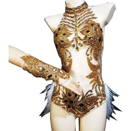 Gold Rhinestones Pattern Printing Mesh Gauze Perspective Sleeveless Bodysuit Women Ostrich Hair Conjoined Costume Dance Wear