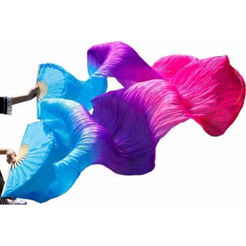High Quality 100% Silk Stage Performance Props 1 Pair Dancing Silk Bamboo Ribs Silk Veils Fan Belly Dance Turquoise+Purple+ Rose