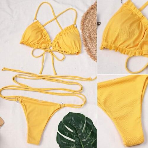 Hot kf-Sexy Brazilian Thong Bikini Mujer Swimwear Women Bandage Solid Swimsuit Micro-Bikini Set Summer Beachwear Swim Suit