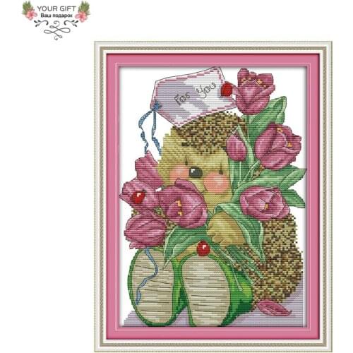 Joy Sunday Tulips And A Little Hedgehog Home Decor K623 Counted Stamped Animal Flower Needlework Embroidery DIY Cross Stitch kit